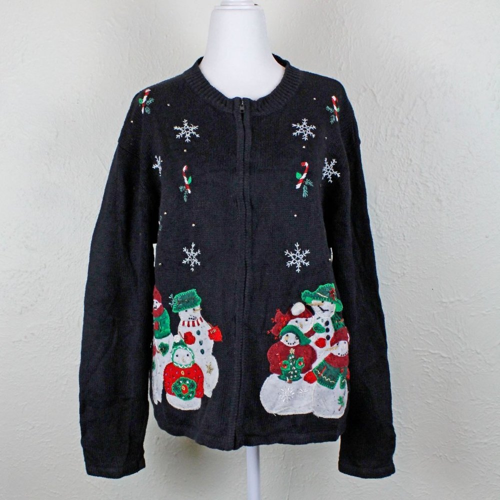 Carly St. Claire vintage 80s black Christmas sweater cardigan with snowmen